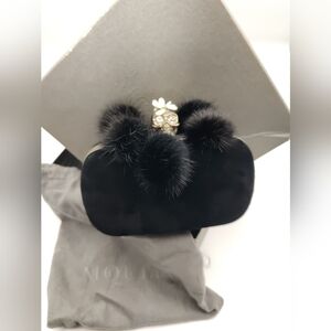 Alexander McQueen Suede and Leather Fur Pom Poms Skull Clutch In Black